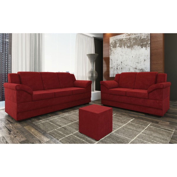 Encontraproduto.com.br - Conjunto de Sofás Genebra Ezequiel 2 e 3 Lugares com Puff e Espuma - Vermelho