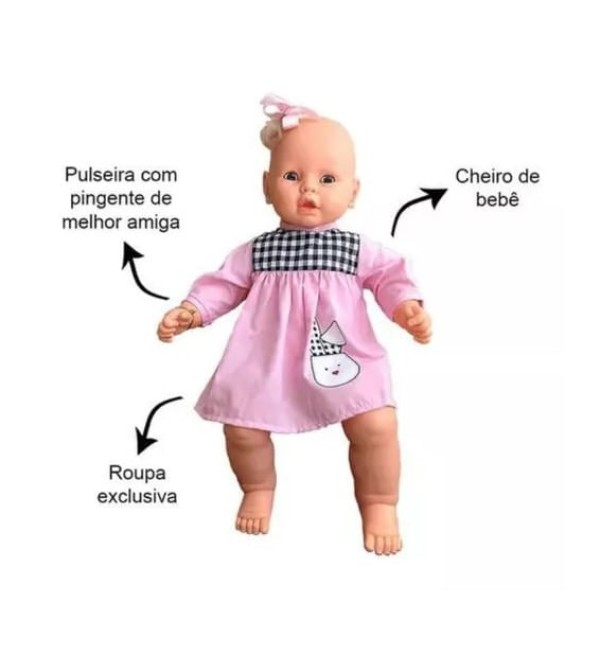 Encontraproduto.com.br - Boneca - Meu Bebe Vestido Rosa com Xadres ESTRELA