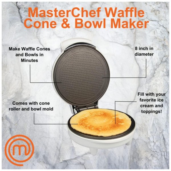 Encontraproduto.com.br - Máquina de Waffle Cone Sorvete Inclui Shaper Roller e Bowl Press, 110v, MASTERCHEF WCB 041, Branco