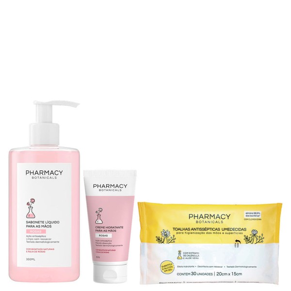 Kit Pharmacy Botanicals - Sabonete Líquido Rosas 300 ml + Creme para as Mãos Rosas 50 g + Toalhas Umedecidas Antissépticas - 30 Unidades