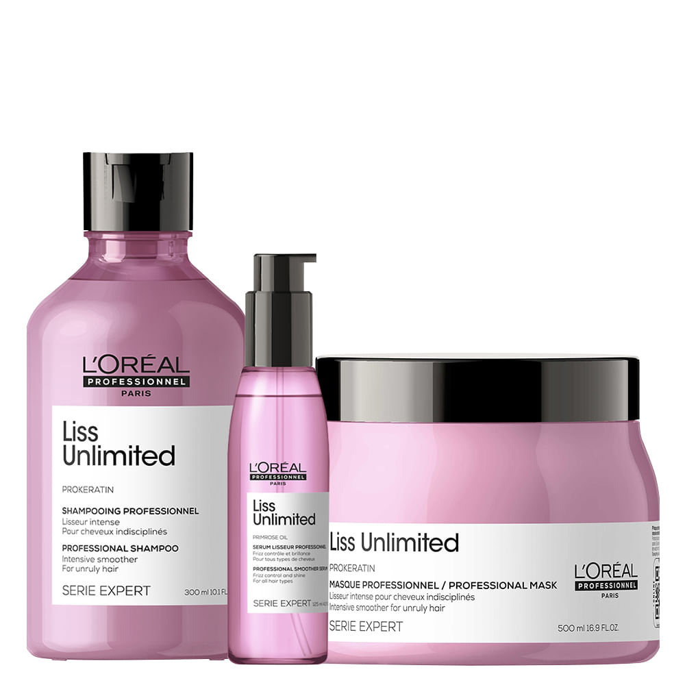 Kit LOréal Professionnel Serie Expert Liss Unlimited  - Shampoo 300 ml +  Máscara 500 g  + Sérum 125 ml