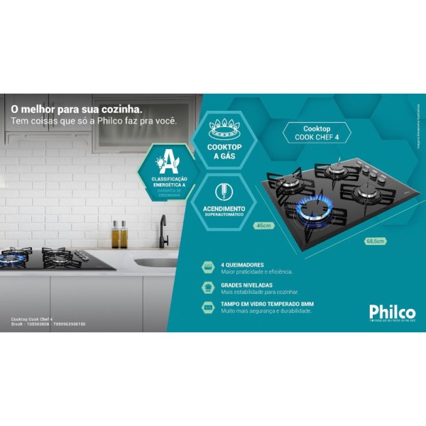 Encontraproduto.com.br - Cooktop 4 Bocas Philco Automático Chef4 Vidro Temperado Bivolt