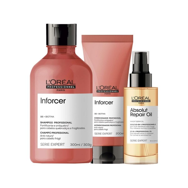 Encontraproduto.com.br - Kit LOréal Professionnel Serie Expert Inforcer- Shampoo 300 ml + Condicionador 200 ml + Óleo  90 ml