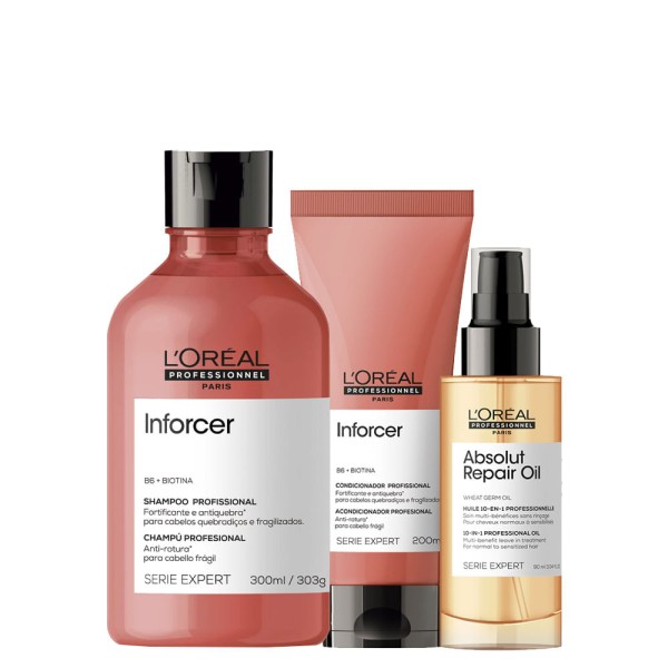 Encontraproduto.com.br - Kit LOréal Professionnel Serie Expert Inforcer- Shampoo 300 ml + Condicionador 200 ml + Óleo  90 ml