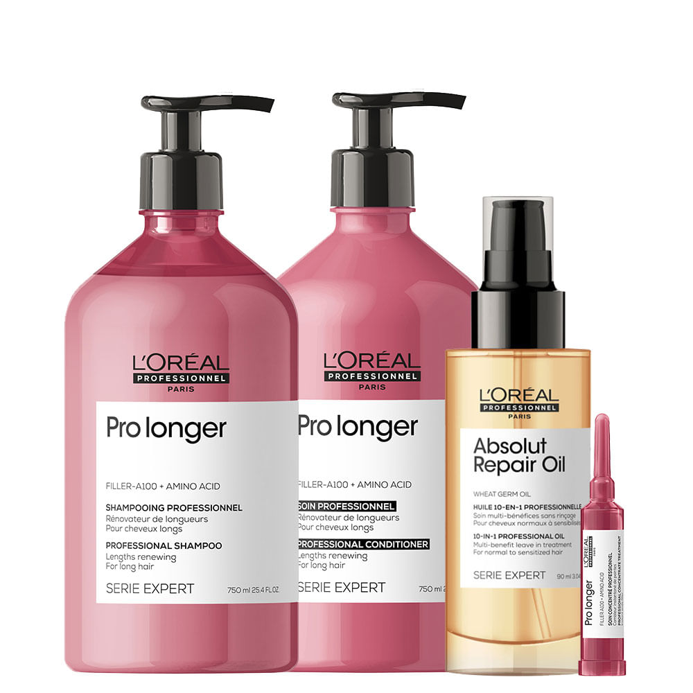 Kit LOréal Professionnel Serie Expert Pro Longer - Shampoo 750 ml + Condicionador 750 ml + Óleo 90 ml + Ampola 15 ml