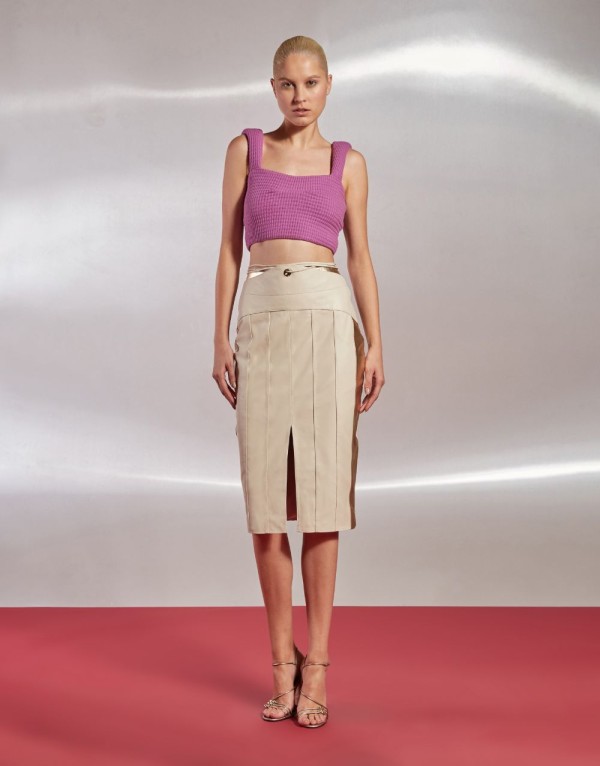 Encontraproduto.com.br - Saia Midi Couro Stripes - Off White
