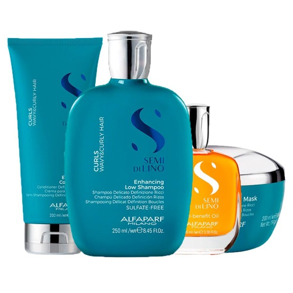 Encontraproduto.com.br - Kit Alfaparf Milano Professional Semi Di Lino Curls - Shampoo 250 ml + Condicionador 200 ml + Máscara 200 ml + Óleo 100 ml