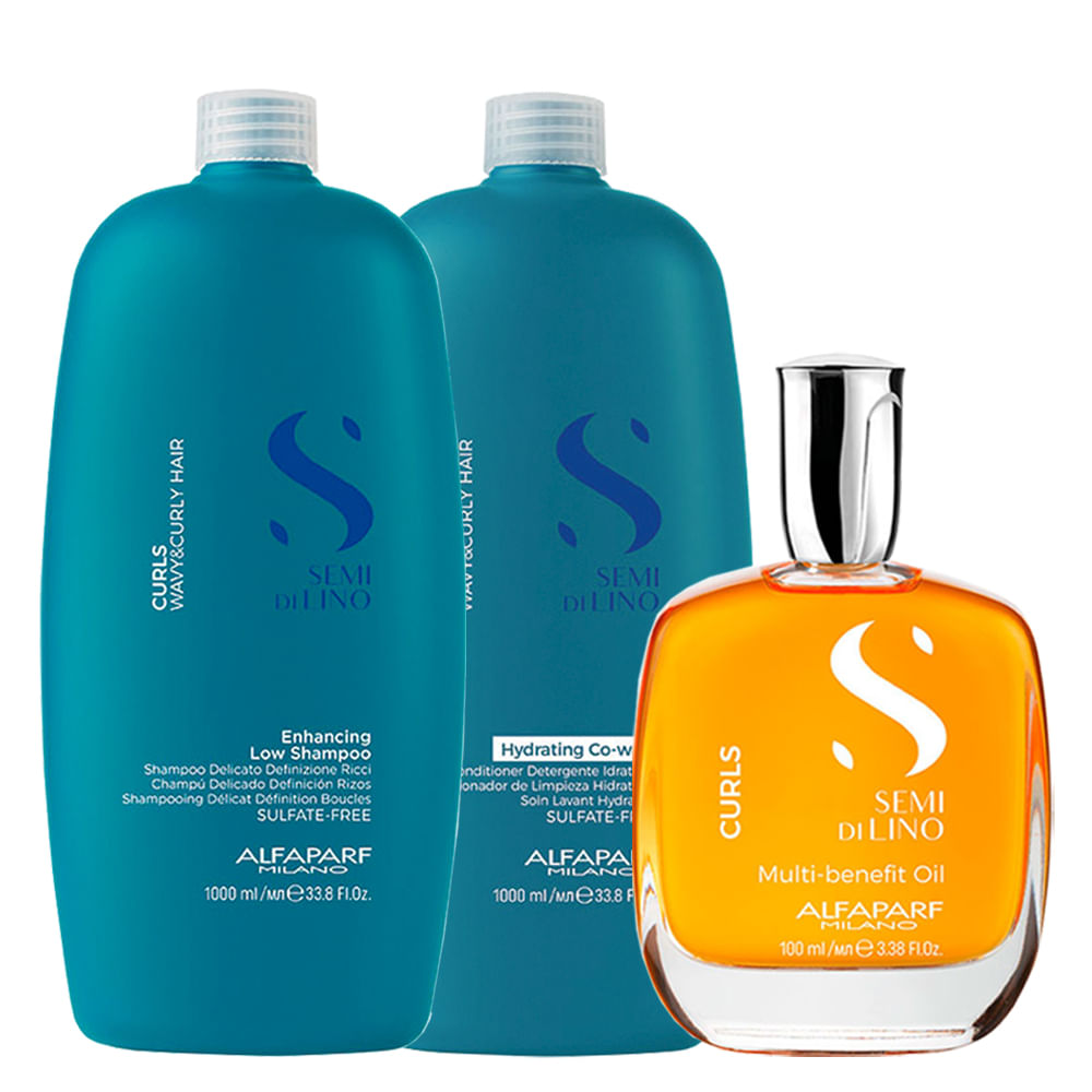 Kit Alfaparf Milano Professional Semi Di Lino Curls - Shampoo 1000 ml + Condicionador Co- Wash 1000 ml + Óleo 100 ml