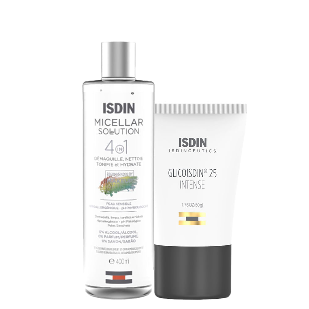 Encontraproduto.com.br - Kit Isdin Facial- Água Micelar 4 em 1 Solution 400 ml + Gel Esfoliante com Ácido Glicólico Noturno 50 g