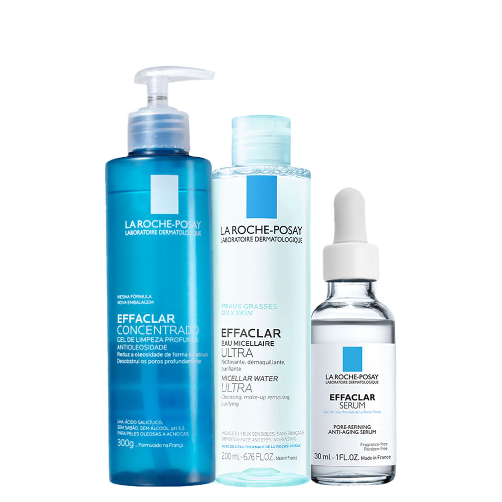 Kit La Roche-Posay Effaclar Facial- Gel de Limpeza 300 g + Água Micelar 200 ml + Sérum Anti- Idade 30 ml