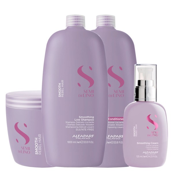 Encontraproduto.com.br - Kit Alfaparf Milano Professional Semi Di Lino Smooth Smoothing - Shampoo 1000 ml + Condicionador 1000 ml + Máscara 500 ml + Creme 125 ml