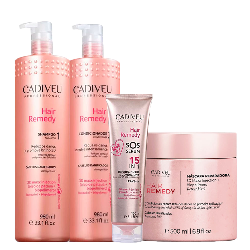 Kit Cadiveu Professional Hair Remedy - Shampoo 980 ml + Condicionador 980 ml + Máscara de Reparação 500 ml + Leave- in 150 ml