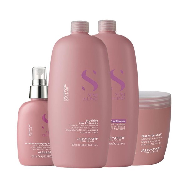 Encontraproduto.com.br - Kit Alfaparf Milano Professional Semi Di Lino Moisture - Shampoo 1000 ml + Condicionador 1000 ml + Máscara 500 ml + Leave-in 125 ml