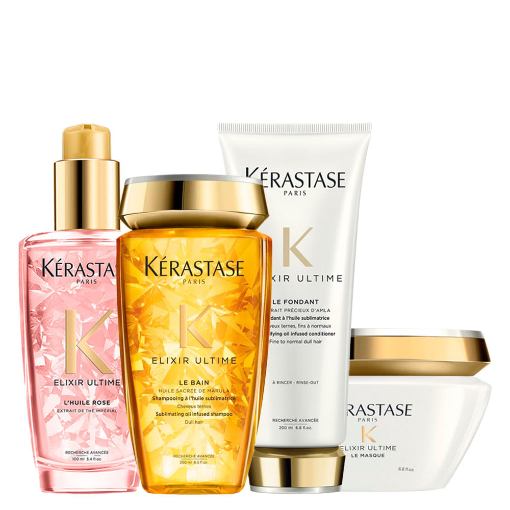 Kit Kérastase Elixir Ultime - Shampoo 250 ml + Condicionador 250 ml + Máscara 200 ml + Óleo LHuile Rose 100 ml