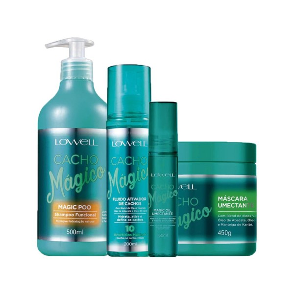 Encontraproduto.com.br - Kit Lowell Cacho Mágico - Shampoo 500 ml + Máscara 450 g + Fluido 200 ml + Óleo 60 ml