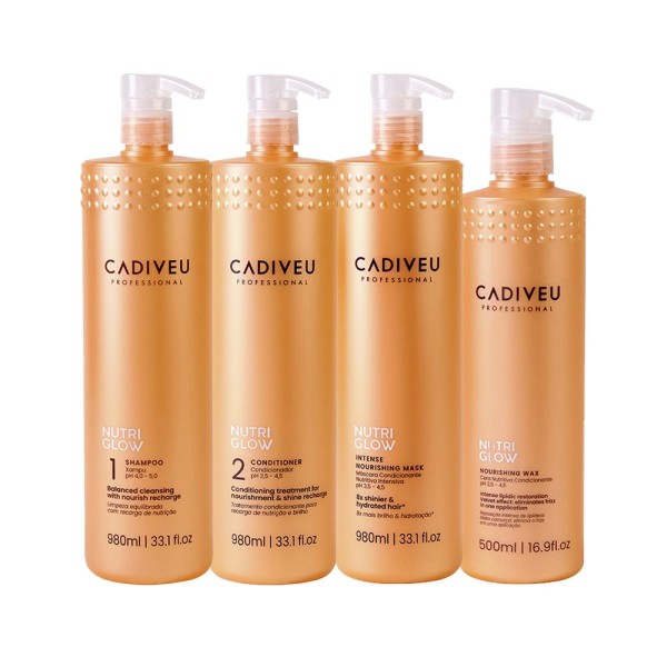Encontraproduto.com.br - Kit Cadiveu Nutri Glow - Shampoo 980 ml + Condicionador 980 ml + Máscara de Nutrição 980 ml + Cera de Nutrição 500 ml