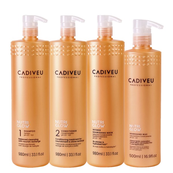 Encontraproduto.com.br - Kit Cadiveu Nutri Glow - Shampoo 980 ml + Condicionador 980 ml + Máscara de Nutrição 980 ml + Cera de Nutrição 500 ml