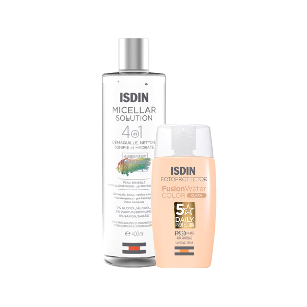 Encontraproduto.com.br - Kit Isdin - Água Micelar Facial de Limpeza 400 ml + Protetor Solar Facial com Cor FPS 50 Clara 50 ml