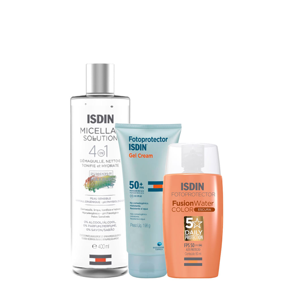 Encontraproduto.com.br - Kit Isdin Facial e Corporal - Água Micelar 400 ml + Protetor Solar FPS 50 Escura 50 ml + Protetor Solar Corporal FPS 50+ 198 g