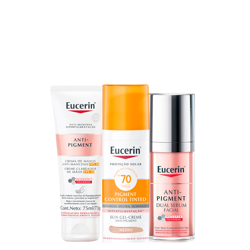 Encontraproduto.com.br - Kit Eucerin - Protetor Solar Facial Matte FPS 70 Média 50 ml+ Creme Clareador para as Mãos FPS 30 75 ml + Sérum Facial Clareador 30 ml