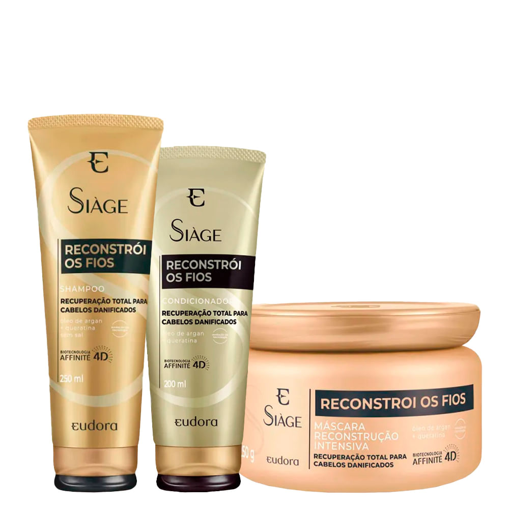 Encontraproduto.com.br - Kit Eudora Siàge Reconstrói os Fios 4D - Shampoo 250ml + Condicionador 200 ml + Máscara de Reconstrução 250 g