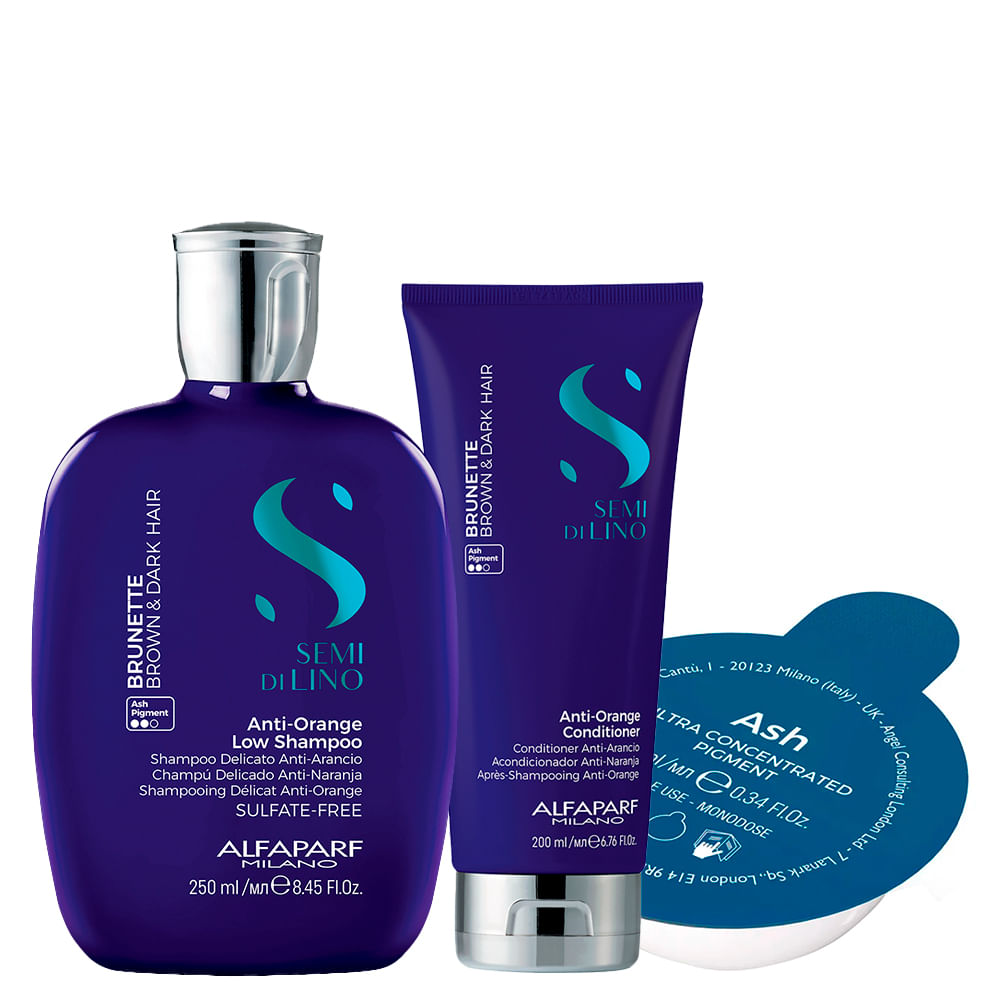 Kit Alfaparf Milano Professional Semi Di Lino Brunette Anti-Orange - Shampoo 250 ml + Condicionador 200 ml + Pigmento Concentrado Sublime Ash 10 ml