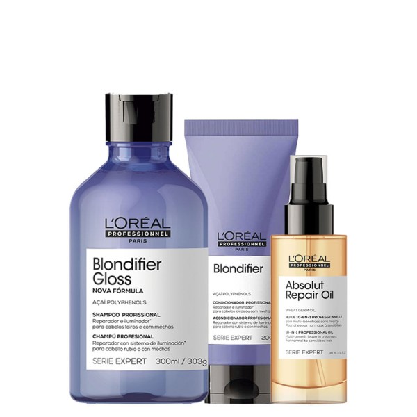 Encontraproduto.com.br - Kit LOréal Professionnel Serie Expert Blondifier- Shampoo Gloss 300 ml + Condicionador 200 ml + Óleo 90 ml