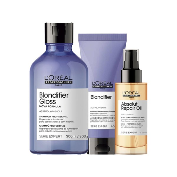 Encontraproduto.com.br - Kit LOréal Professionnel Serie Expert Blondifier- Shampoo Gloss 300 ml + Condicionador 200 ml + Óleo 90 ml