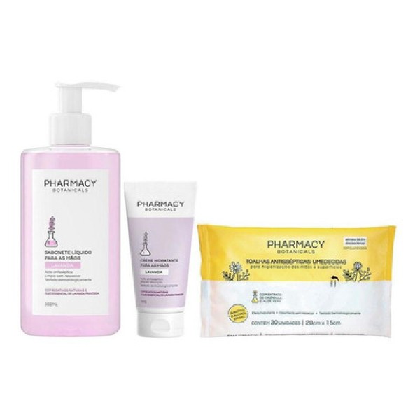 Encontraproduto.com.br - Kit Pharmacy Botanicals - Sabonete Líquido Lavanda 300 ml + Creme para as Mãos Lavanda 50 g + Toalhas Umedecidas Antissépticas - 30 Unidades