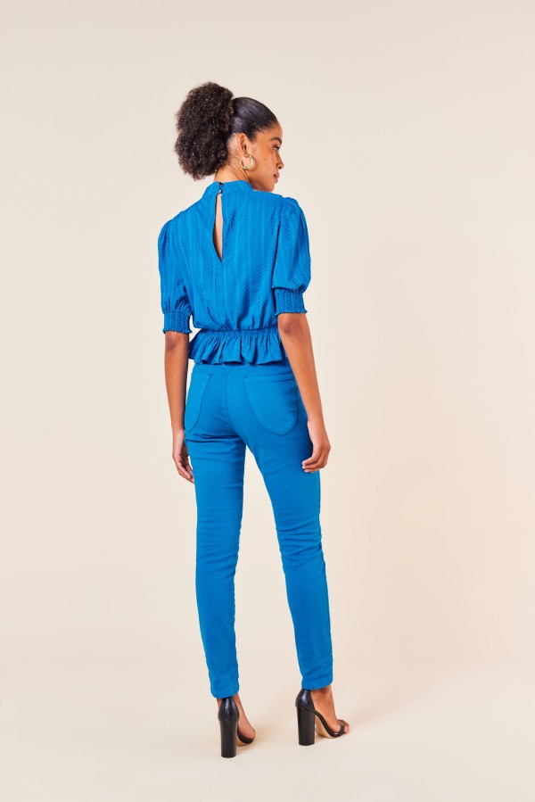 Encontraproduto.com.br - Blusa com Babado em V Manga com Lastex -COBALTO