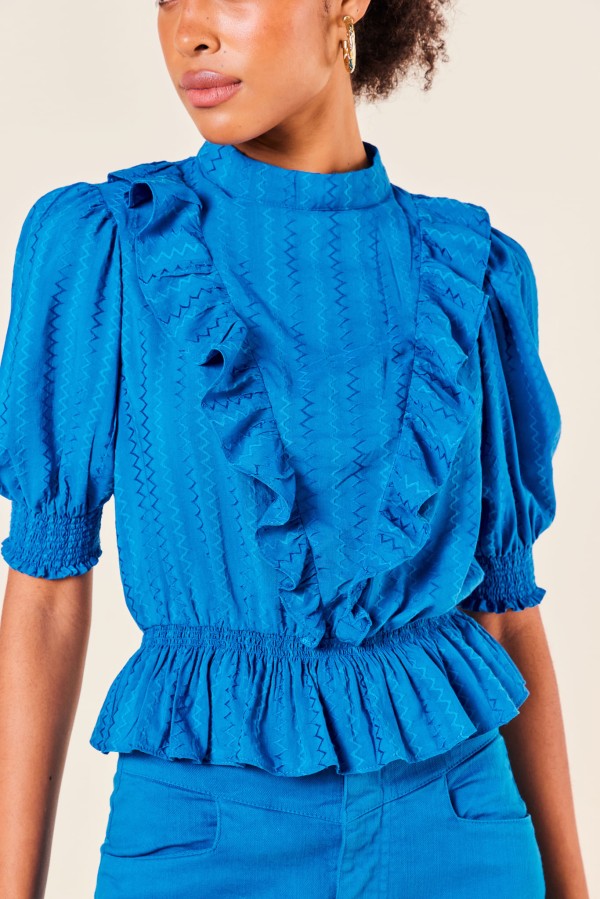 Encontraproduto.com.br - Blusa com Babado em V Manga com Lastex -COBALTO