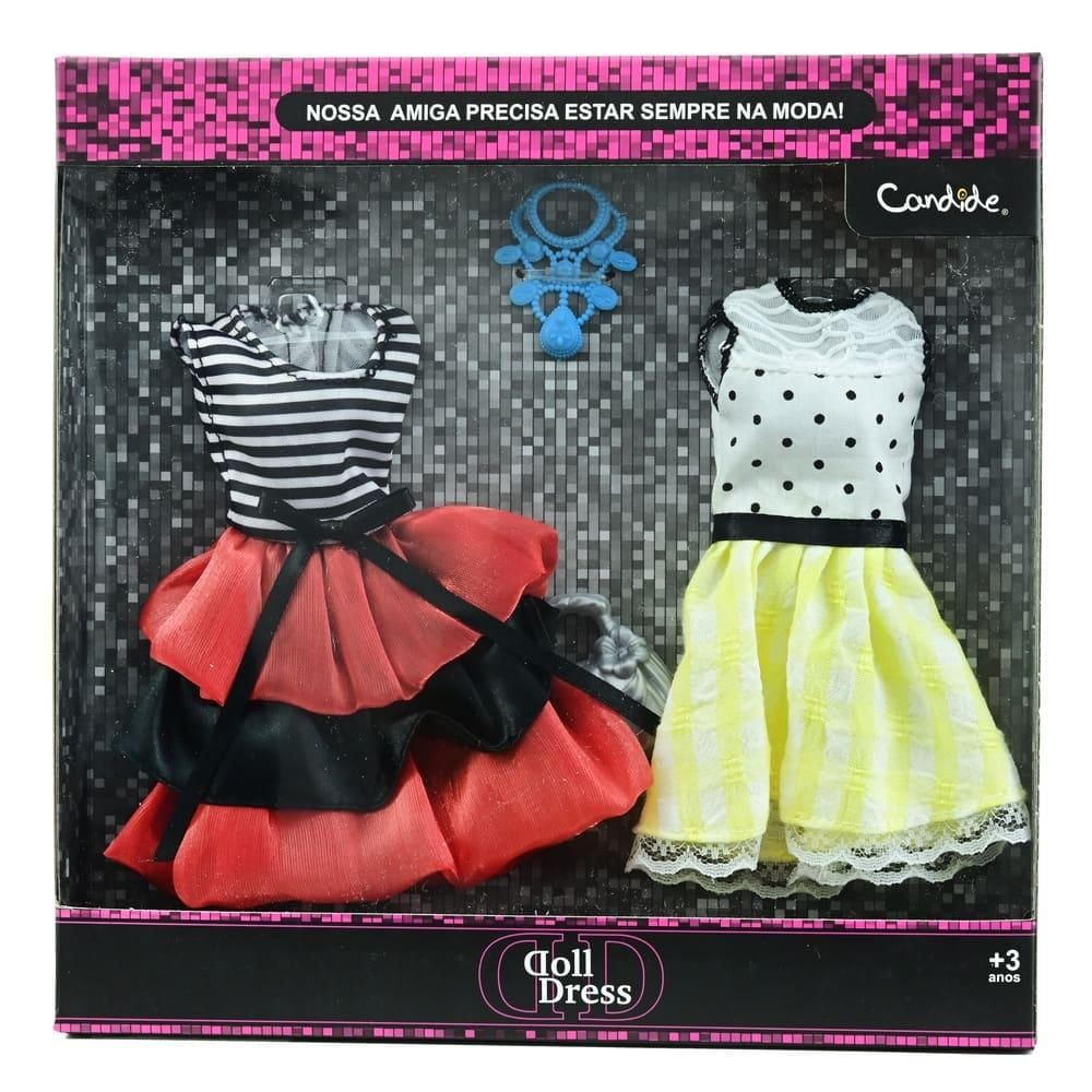 Encontraproduto.com.br - Vestido para Boneca Kit 2 Looks Listrado e Bolinha - Candide