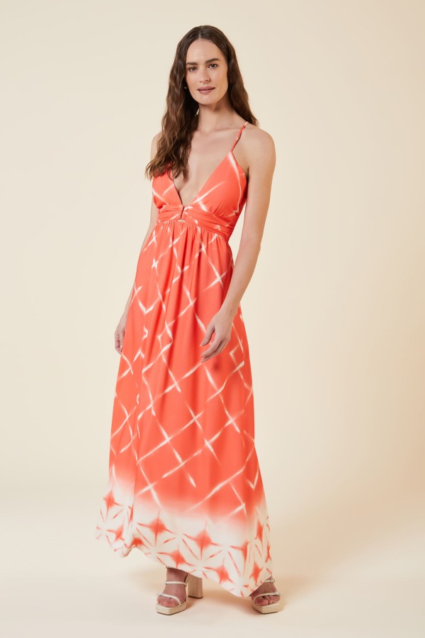 Encontraproduto.com.br - VESTIDO LONGO COM ARGOLA ESTAMPA CRISTALINA CORAL