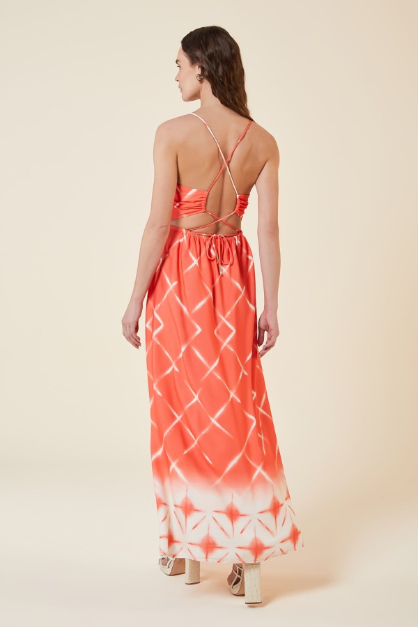 Encontraproduto.com.br - VESTIDO LONGO COM ARGOLA ESTAMPA CRISTALINA CORAL