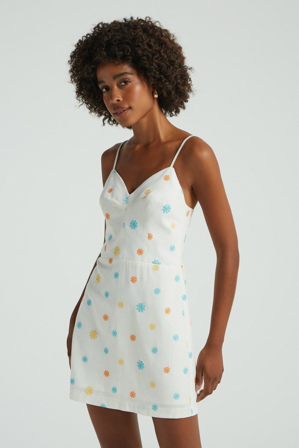 VESTIDO CURTO BORDADO FLORES-CREME