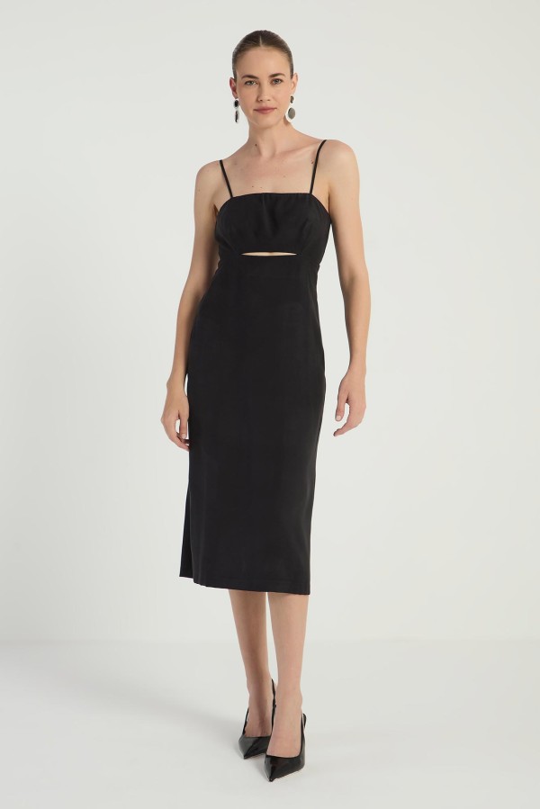 Encontraproduto.com.br - VESTIDO MIDI COM AMARRAÇÃO NAS COSTAS - PRETO