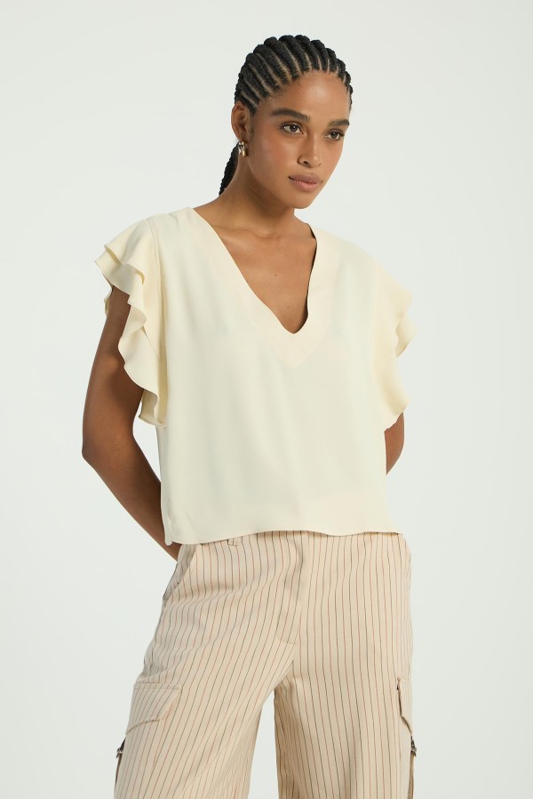 BLUSA GOLA V MANGA BABADOS - AVEIA
