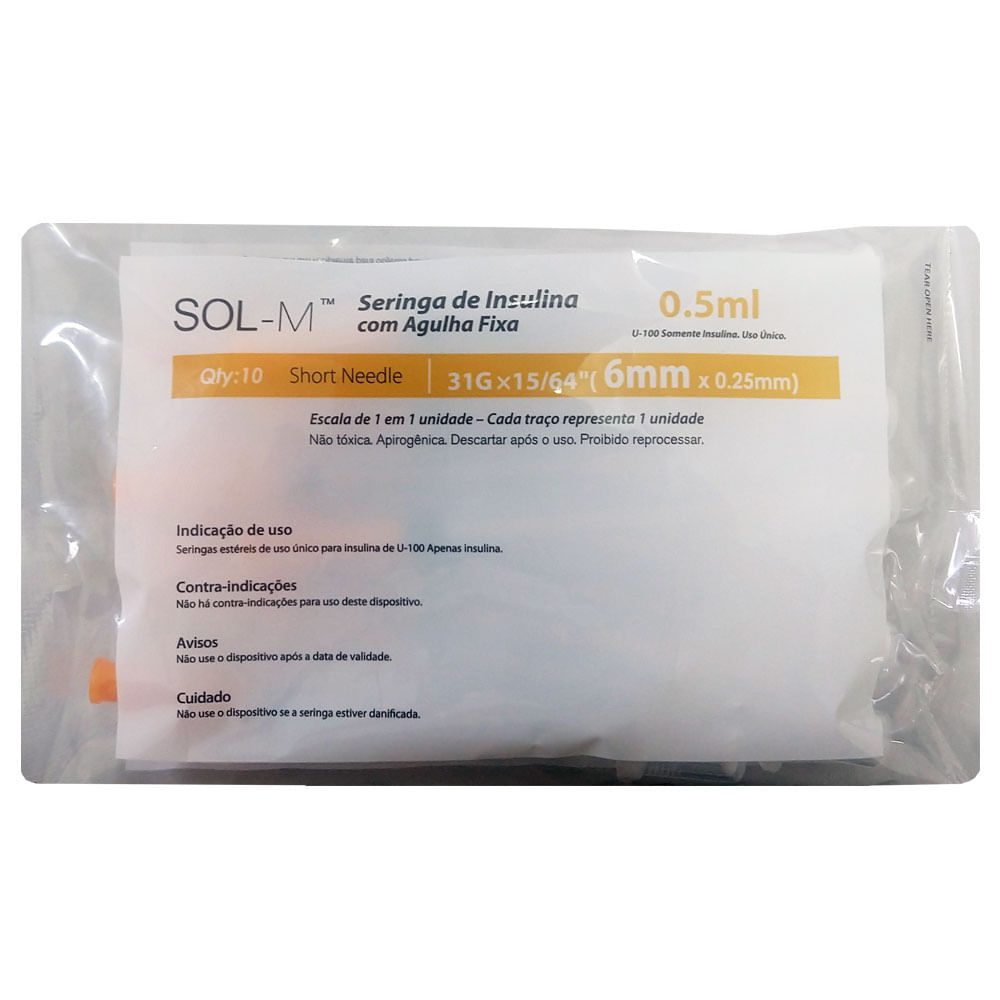 Encontraproduto.com.br - Seringa Com Agulha Fixa Pague Menos Sol-M Insulina 6mm X 0,25mm Com 10 Unidades