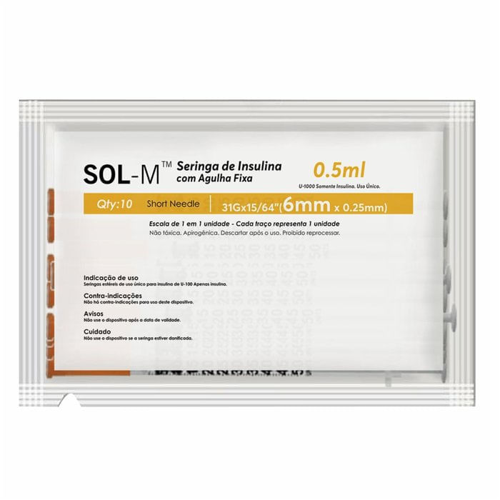 Encontraproduto.com.br - Seringa Com Agulha Fixa Pague Menos Sol-M Insulina 6mm X 0,25mm Com 10 Unidades