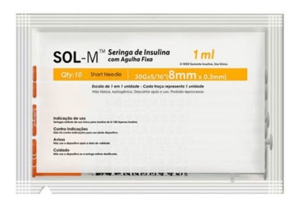 Encontraproduto.com.br - Seringa Sol-M c/ Agulha 30g 8x0,3mm c/ 10x1mL p/ 100(UI)