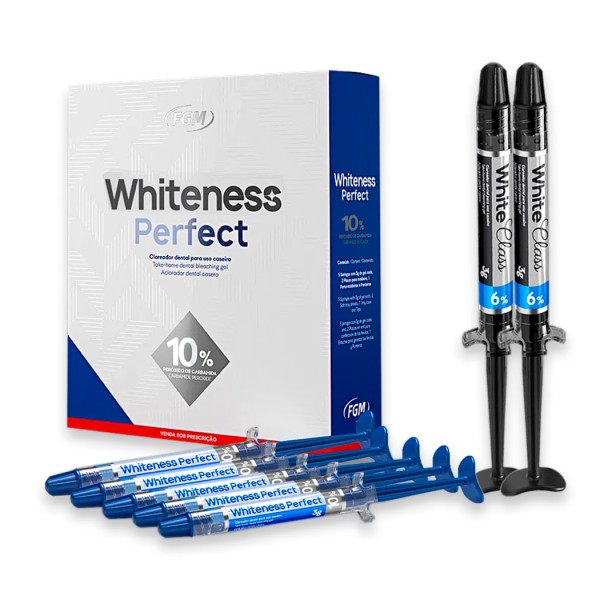 Encontraproduto.com.br - Clareador Whiteness Perfect 10% com 5 Seringas + 2 Seringas White Class 6% - FGM