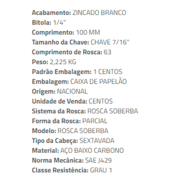 Encontraproduto.com.br - Parafuso Sextavado Rosca Soberba 1/4 X 100 Zincado Branco(caixa com 100) - CISER