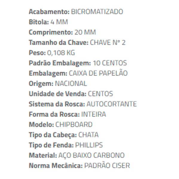 Encontraproduto.com.br - Parafuso Chipboard Cabeça Chata PHS 4,0 X 20 Bicromatizado (caixa com 1000) - CISER