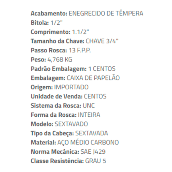 Encontraproduto.com.br - Parafuso Sextavado de Aço 1/2 X 1 1/2 UNC Rosca Inteira ZN (caixa com 100) - CISER