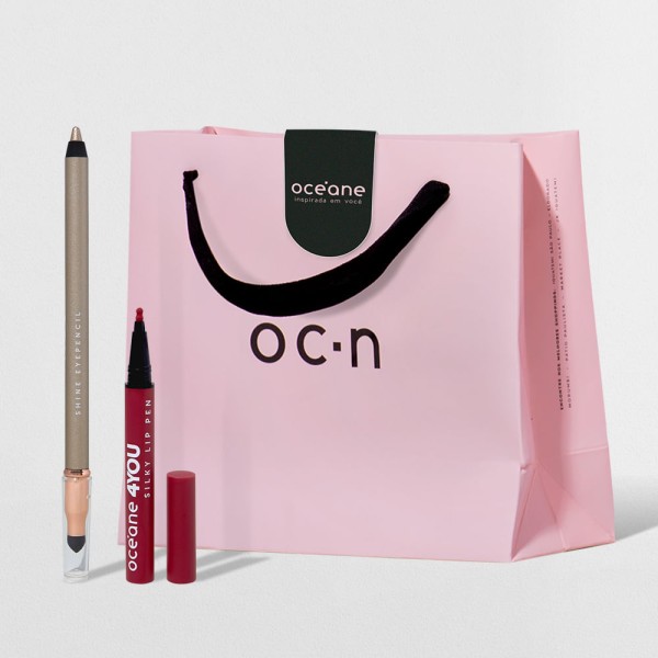 Encontraproduto.com.br - Kit Lápis para Olhos Dourado + Caneta Batom Rosa + Sacola de Presente Pequena (3 Produtos)