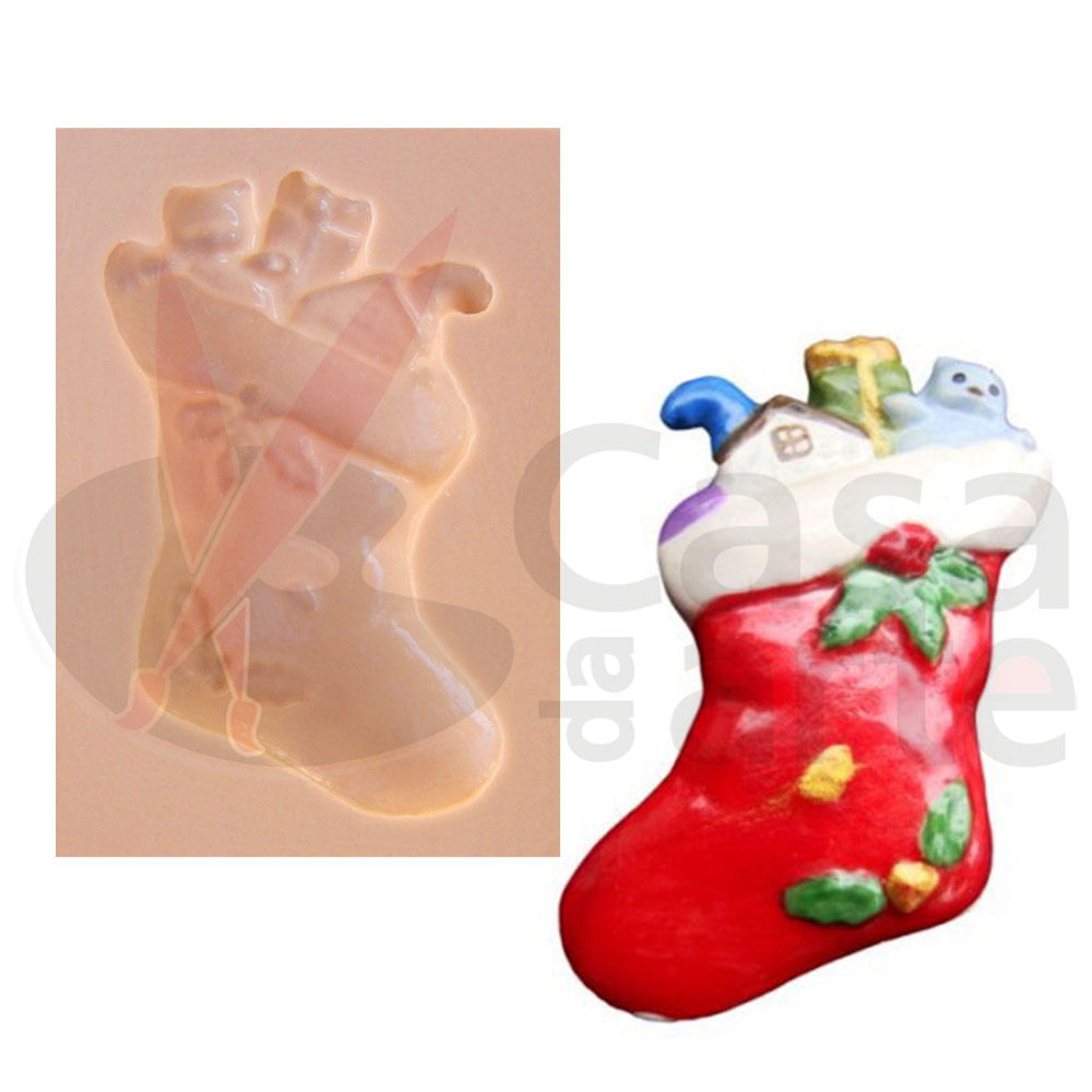 Molde de Silicone para Biscuit Casa da Arte - Modelo: Bota do Papai Noel com Presente Grande N007