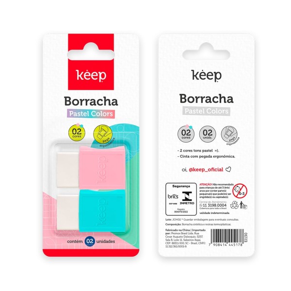 Encontraproduto.com.br - Borrachas Cor Pastel com Cinta Blister c/ 2 Uni. Keep - EI130OUT [Reembalado]
