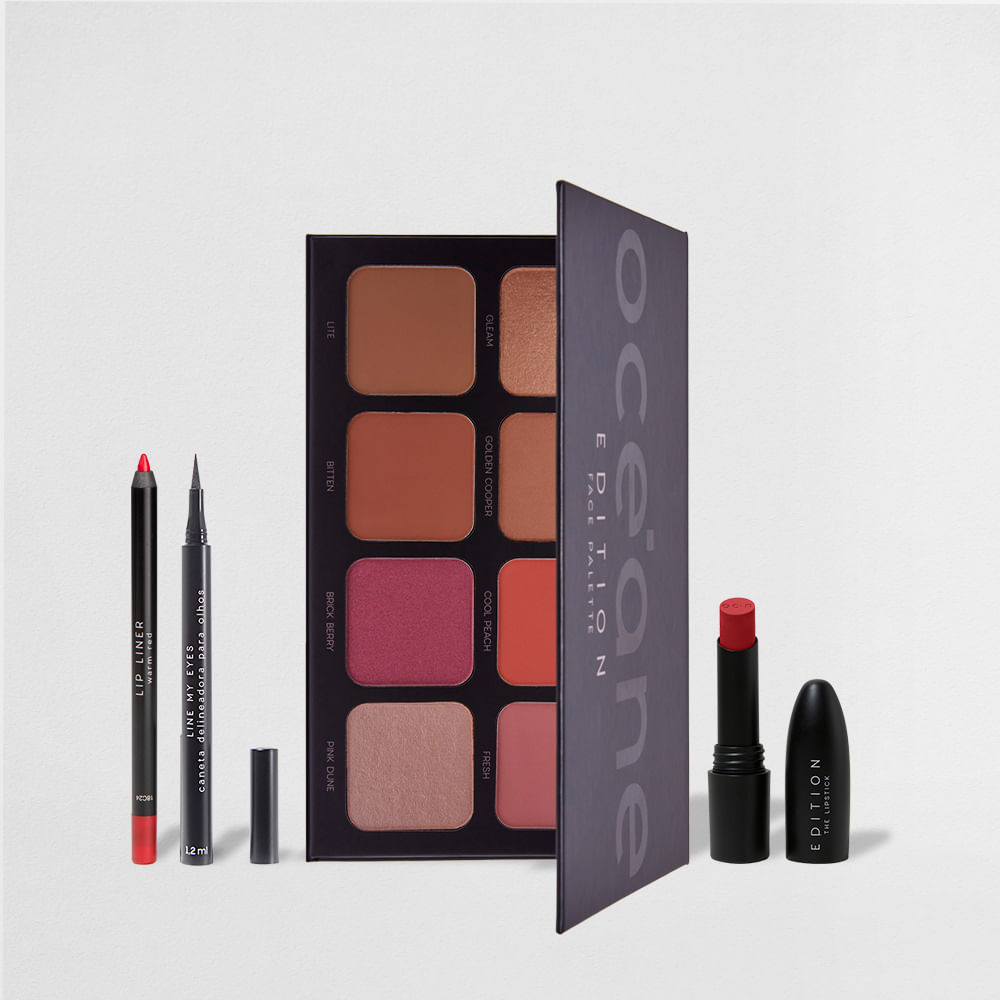 Kit Paleta Multifuncional Face Palette + Batom Vermelho + Lápis Labial Vermelho + Caneta Delineadora Océane Edition (4 Produtos)