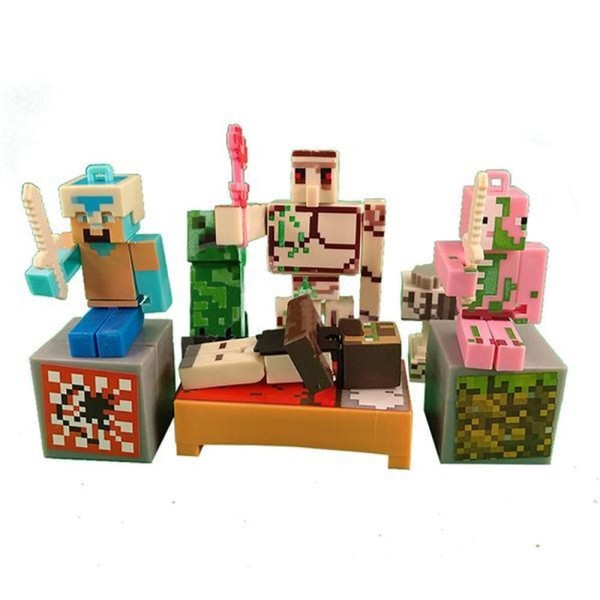 Encontraproduto.com.br - Kit Cartelado Conjunto Minecraft 2 Bonecos + 1 Villager + 1 Enderman + 1 Creeper + 1 Cama + Espadas