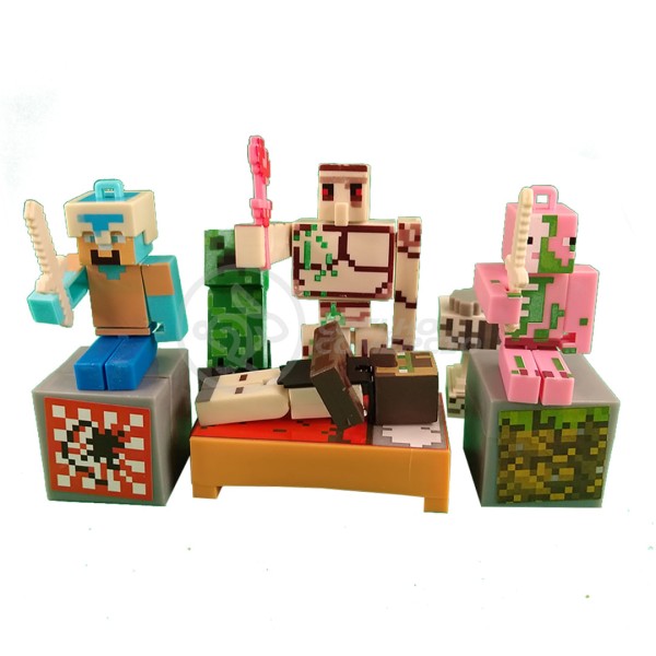 Encontraproduto.com.br - Kit Cartelado Conjunto Minecraft 2 Bonecos + 1 Villager + 1 Enderman + 1 Creeper + 1 Cama + Espadas